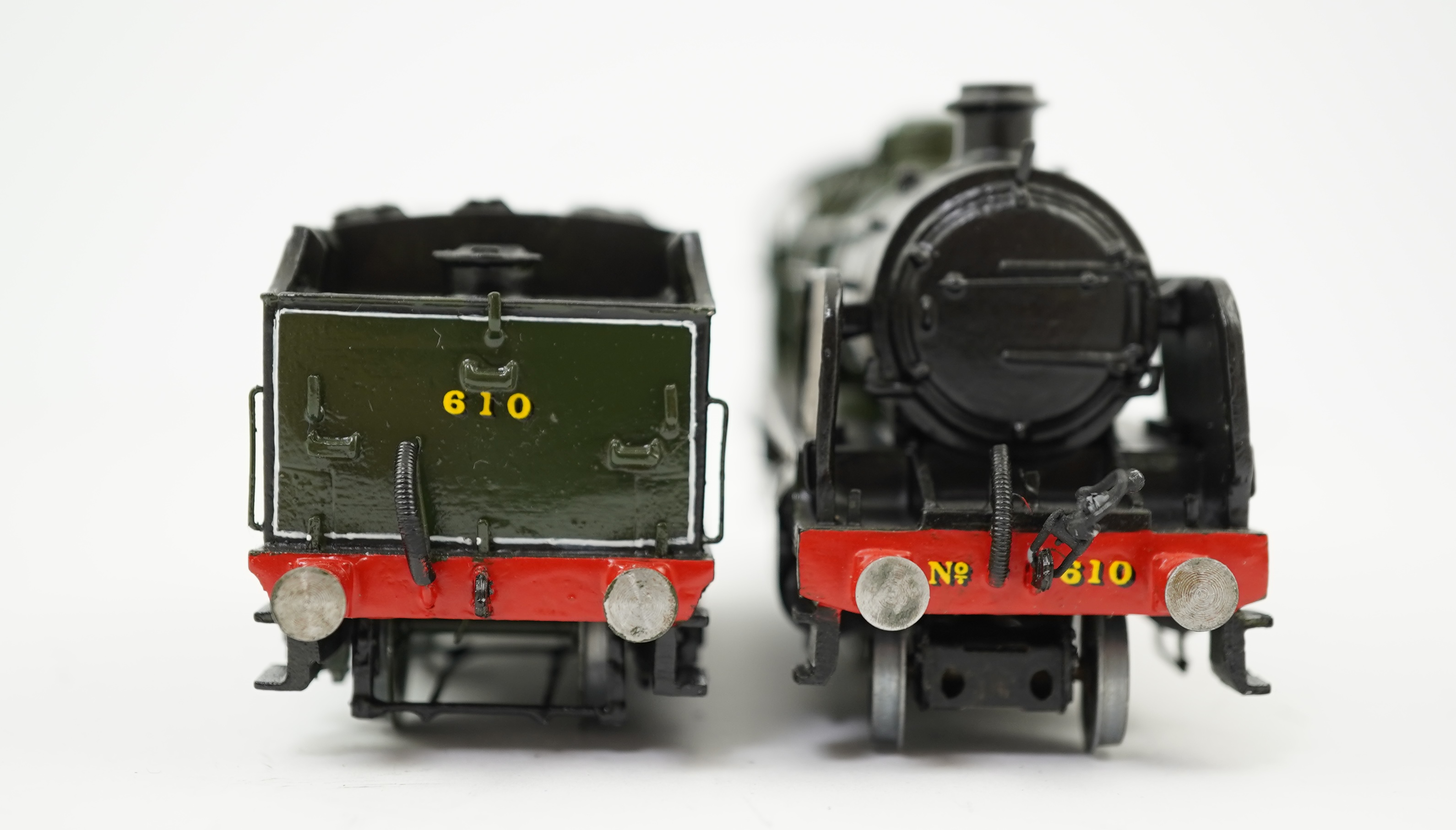 Two 00 gauge brass and white metal kit built Maunsell designed Southern Railway tender locomotives; a class U1 2-6-0, 1901, together with a class U 2-6-0, 610, constructed, painted and lined to a high standard, both moto